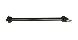 A long, black driveshaft for off-highway equipment is positioned horizontally on an isolated white background.