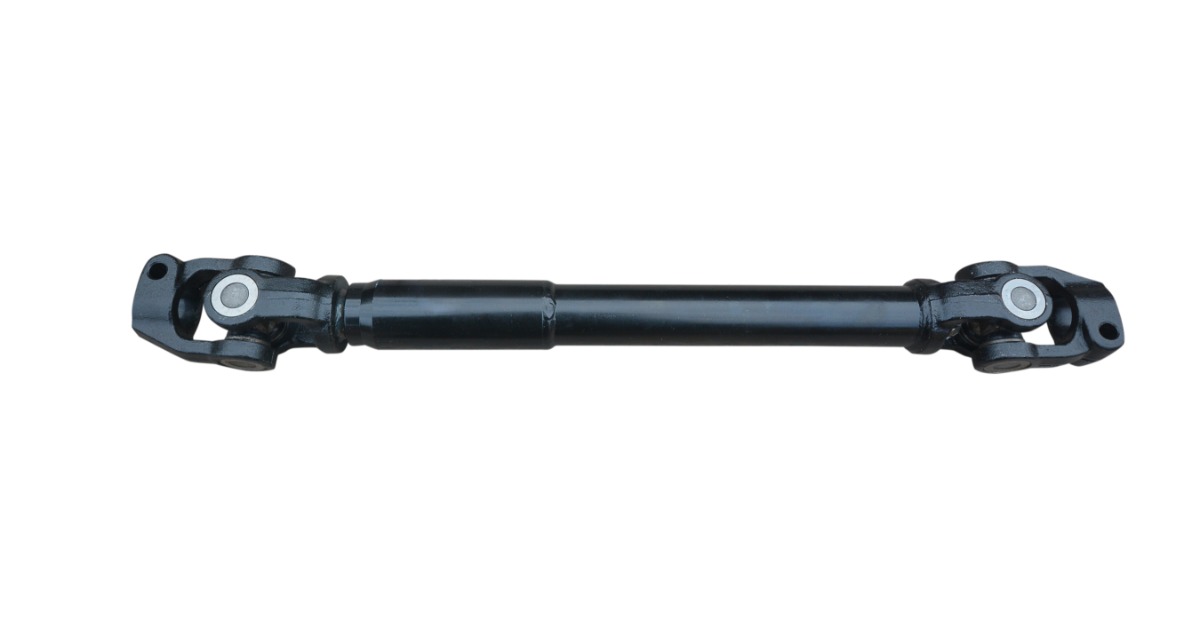 A shiny, black driveshaft for an off-highway mining vehicle is positioned against a white background.